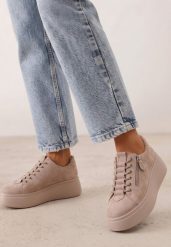 Beżowe Zamszowe Sneakersy na Grubej Podeszwie Ozdobione Suwakiem Belko. Brązowe obuwie sportowe damskie Born2be, bez wzorów, z dzianiny. Za 219.99 zł.