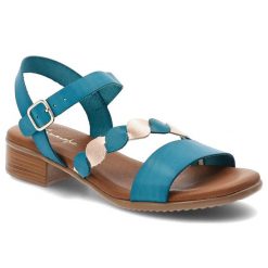 Sandały damskie Maciejka, cholewka ze skóry naturalnej szeroki pasek z przodu stabilny niski obcas, niebieskie, E7394-36/00-1. Niebieskie klapki damskie Maciejka, bez wzorów, ze skóry, bez obcasa, na obcasie. Za 299.00 zł.