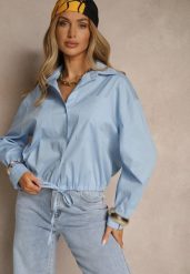 Niebieska Koszula z Bawełny z Wiązaniem Calmio. Niebieskie bluzki damskie Renee, bez wzorów, z bawełny, biznesowe, bez kołnierzyka, bez ramiączek. Za 89.99 zł.