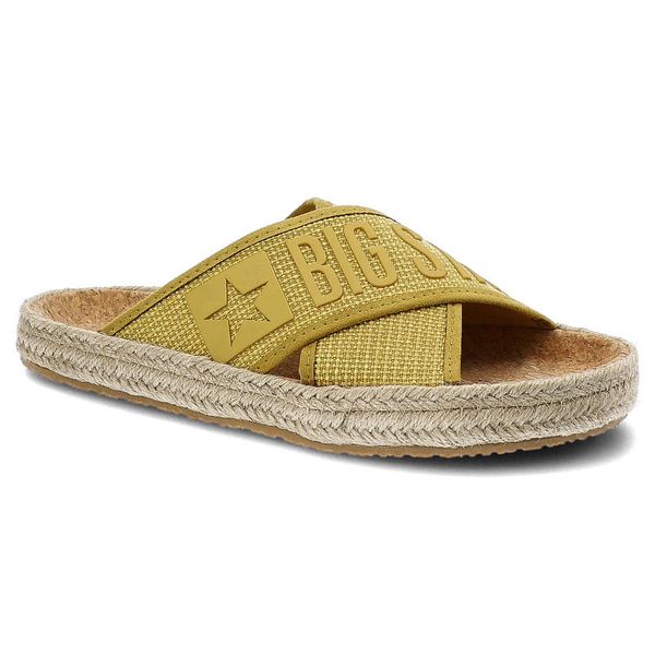 Klapki damskie Big Star, materiał tekstylny z szerokim paskiem z logo na cholewce miękką wkładką, żółte, JJ274A409. Żółte klapki damskie Big Star, bez wzorów, z materiału, retro, bez obcasa. Za 109.00 zł.