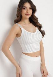 Biały Dopasowany Top z Drobnymi Cyrkoniami Eraina. Białe bluzki damskie Born2be, xs, bez wzorów, eleganckie, bez kołnierzyka, bez ramiączek. Za 34.99 zł.
