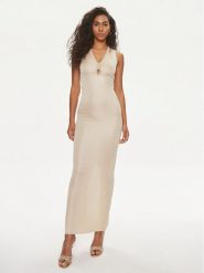 Guess Sukienka dzianinowa 4GGK90 5783Z Beżowy Bodycon Fit. Brązowe sukienki damskie Guess, z aplikacjami, z dzianiny, bez kołnierzyka, bez ramiączek, bodycon. W wyprzedaży za 449.99 zł.