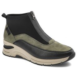 Zielone Botki Rieker Stylowe Obuwie Damskie Na Koturnie. Zielone botki damskie Rieker, na wiosnę, z materiału, eleganckie, bez obcasa, na koturnie, bez zapięcia. Za 349.00 zł.