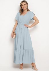 Jasnoniebieska Sukienka z Cienkimi Gumkami w Pasie Ozdobiona Guzikami z Rozcięciem i Falbanką Farcia. Niebieskie sukienki dla dziewczynek Born2be, bez wzorów, eleganckie, bez ramiączek, krótkie. Za 74.99 zł.