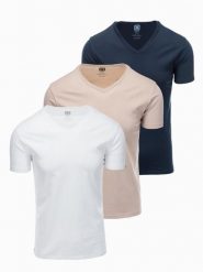 Zestaw bawełnianych męskich koszulek V-neck BASIC – biały/piaskowy/granatowy V12 - Rozmiar: XXL. Białe t-shirty męskie Ombre Clothing, l, bez wzorów, z bawełny, bez kołnierzyka. Za 149.99 zł.