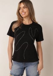 Czarny Bawełniany T-shirt Ozdobiony Cyrkoniami Monomene. Czarne bluzki damskie Born2be, m, z aplikacjami, z bawełny, casualowe, bez kołnierzyka, bez ramiączek. Za 59.99 zł.