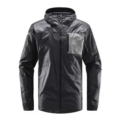 Kurtka turystyczna męska Haglöfs L.I.M Shield Hood przeciwdeszczowa. Czarne kurtki męskie Haglöfs, l, bez wzorów, z materiału, trekkingowe. Za 309.99 zł.