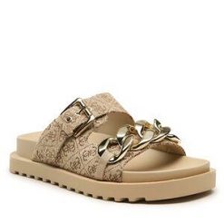 Klapki Guess. Brązowe klapki damskie Guess, z aplikacjami, bez obcasa. Za 309.99 zł.