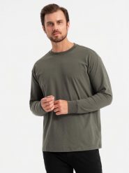 Bawełniany męski longsleeve LOOSE FIT z okrągłym dekoltem szarozielony V3 OM-LSBC-0129 XXL. Szare bluzki z długim rękawem męskie Ombre, m, bez wzorów, z bawełny, bez kołnierzyka. Za 181.54 zł.