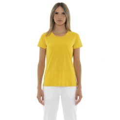 Koszulka z bawełna na co dzień na siłownię. Żółte koszulki sportowe damskie LEONE 1947 APPAREL, bez wzorów, z bawełny, sportowe, bez kołnierzyka. W wyprzedaży za 54.73 zł.