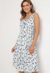 Biało-Niebieska Sukienka Rozkloszowana na Ramiączkach w Kwiaty Tallio. Białe sukienki damskie Born2be, na co dzień, l, bez wzorów, z jeansu, eleganckie, bez kołnierzyka, bez ramiączek, midi, proste. Za 39.99 zł.