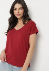 Bordowy Bawełniany T-shirt z Trójkątnym Dekoltem Linarosea. Czerwone bluzki damskie Born2be, l, bez wzorów, z bawełny, bez kołnierzyka. Za 39.99 zł.