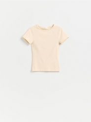 T-shirt z wiskozą - jasnożółty. Żółte t-shirty damskie Reserved, l, bez wzorów, z bawełny, bez kołnierzyka. Za 49.99 zł.