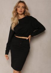 Czarny Bawełniany Komplet Bluza i Spódnica z Wsuwanymi Kieszeniami i Gumką w Pasie Morune. Czarne bluzy damskie Renee, m, bez wzorów, z bawełny, eleganckie. Za 99.99 zł.