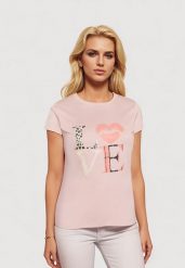 Jasnoróżowy T-shirt z Krótkim Rękawem i Ozdobnym Nadrukiem Testolene. Czerwone bluzki damskie Born2be, plus size, bez wzorów, z jeansu, klasyczne, bez kołnierzyka. Za 39.99 zł.