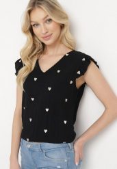 Czarna Bluzka Top z Wiskozy bez Rękawów z Falbankami w Haftowane Serduszka Taella. Czarne koszule damskie Born2be, l, bez wzorów, z jeansu, eleganckie, bez kołnierzyka, bez ramiączek. Za 44.99 zł.