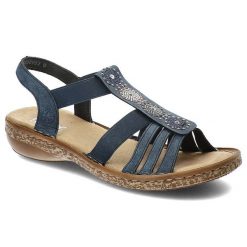 Granatowe Sandały Rieker Stylowe Buty Damskie. Niebieskie sandały damskie Rieker, z aplikacjami, ze skóry ekologicznej, bez obcasa, bez zapięcia. Za 239.00 zł.