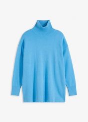 Sweter z prążkowanej czystej bawełny. Niebieskie swetry damskie bonprix, bez wzorów, z bawełny, bez kołnierzyka, bez ramiączek, bez kaptura. Za 149.99 zł.