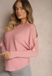 Ciemnoróżowy Sweter z Wiskozą Ozdobiony Wycięciami na Rękawach Evathia. Czerwone swetry damskie Renee, z aplikacjami, z jeansu, casualowe, bez kołnierzyka, bez ramiączek, bez kaptura. Za 79.99 zł.
