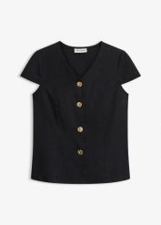 Bluzka bawełniana z krótkim rękawem. Czarne bluzki damskie bonprix, bez wzorów, z bawełny, eleganckie, bez kołnierzyka, bez ramiączek. Za 74.99 zł.