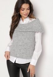 Jasnoszara Dzianinowa Bluzka Top z Hiszpańskim Dekoltem z Wełną Inathiel. Szare bluzki damskie Born2be, m, bez wzorów, z dzianiny, eleganckie, bez kołnierzyka, bez ramiączek. Za 59.99 zł.