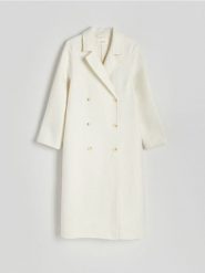 Dwurzędowy płaszcz z wełną - biały. Białe płaszcze damskie Reserved, l, bez wzorów, z tkaniny, bez kaptura. W wyprzedaży za 499.99 zł.