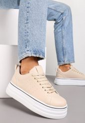 Beżowe Sznurowane Sneakersy na Platformie z Ekoskóry z Przeszyciami Onurte. Brązowe obuwie sportowe damskie Renee, bez wzorów. Za 74.99 zł.
