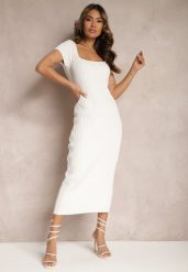 Biała Sukienka Bodycon z Kwadratowym Dekoltem i Ozdobnym Wycięciem na Plecach Scriptos. Białe sukienki damskie Renee, na co dzień, m, bez wzorów, bez kołnierzyka, bez ramiączek, midi, bodycon. Za 99.99 zł.