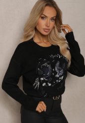 Czarny Sweter Ozdobiony Haftowanym Wzorem w Ptaki Inarielle. Czarne swetry damskie Renee, bez wzorów, casualowe, bez kołnierzyka, bez ramiączek, długie, bez kaptura. Za 149.99 zł.