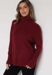 Bordowy Sweter z Golfem i Dodatkiem Kaszmiru Rorizia. Czerwone swetry damskie Born2be, na zimę, z aplikacjami, z jeansu, biznesowe, bez kołnierzyka, bez ramiączek, długie, bez kaptura. Za 119.99 zł.
