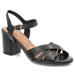 Sandały damskie Marco Tozzi, eleganckie skórzane na słupku ze sprzączką, czarne, 2-28327-44-001. Czarne sandały damskie Marco Tozzi, bez wzorów, ze splotem, bez obcasa, na obcasie, bez zapięcia. Za 199.00 zł.
