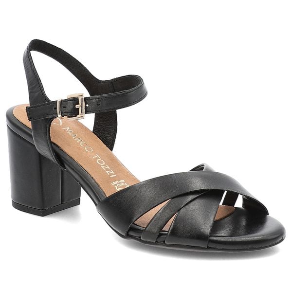 Sandały damskie Marco Tozzi, eleganckie skórzane na słupku ze sprzączką, czarne, 2-28327-44-001. Czarne klapki damskie Marco Tozzi, bez wzorów, ze splotem, bez obcasa, na obcasie, bez zapięcia. Za 199.00 zł.