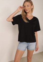 Czarny T-shirt z Bawełny z Trójkątnym Dekoltem Siliphe. Czarne bluzki damskie Born2be, uniwersalny, bez wzorów, z bawełny, biznesowe, bez kołnierzyka, bez ramiączek. Za 79.99 zł.