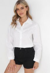 Biała Koszula z Bawełny z Falbanką Aloson. Białe bluzki damskie Born2be, uniwersalny, bez wzorów, z bawełny, eleganckie, bez kołnierzyka, bez ramiączek. Za 109.99 zł.