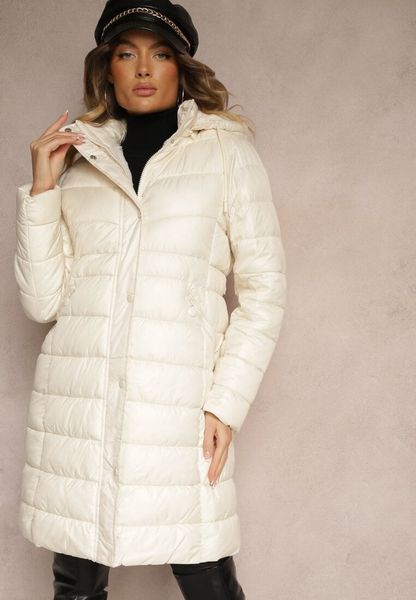 Jasnobeżowa Długa Kurtka z Kapturem i Dwustronnym Suwakiem Zdobiona Pikowaniem Sanvela. Brązowe kurtki damskie Renee, l, z aplikacjami, z dzianiny, z kapturem. Za 129.99 zł.