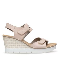 Sandały Rieker. Czerwone klapki damskie Rieker, bez wzorów, bez obcasa, na koturnie, bez zapięcia. Za 339.99 zł.