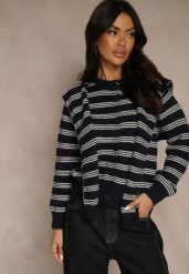 Granatowy Kardigan z Dodatkiem Wełny Zdobiony Wzorem w Paski i Narzutką Fedira. Niebieskie kardigany damskie Renee, z aplikacjami, z jeansu, klasyczne, długie. Za 119.99 zł.