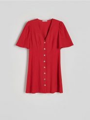 Sukienka mini z wiskozą - czerwony. Czerwone sukienki damskie Reserved, l, bez wzorów, z tkaniny, bez kołnierzyka, bez ramiączek, mini, rozkloszowane. W wyprzedaży za 79.99 zł.