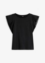 Shirt z koronką. Czarne bluzki damskie bonprix, bez wzorów, z koronki, bez kołnierzyka, bez ramiączek. Za 54.99 zł.