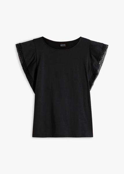 Shirt z koronką. Czarne bluzki damskie bonprix, bez wzorów, z koronki, bez kołnierzyka, bez ramiączek. Za 54.99 zł.