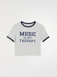 Koszulka z napisem i kontrastowym wykończeniem - szary. Szare t-shirty damskie Sinsay, l, bez wzorów, bez kołnierzyka. Za 29.99 zł.