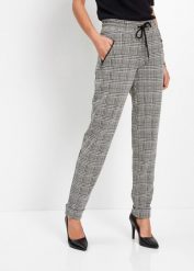 Spodnie z gumką w talii w kratę glencheck. Szare spodnie materiałowe damskie bonprix, bez wzorów. Za 179.99 zł.