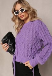 Fioletowy Sweter z Ozdobnym Sznurowaniem na Dole i Ściągaczami Miritu. Fioletowe swetry damskie Renee, bez wzorów, z wiskozy, casualowe, bez kołnierzyka, bez ramiączek, bez kaptura. Za 109.99 zł.