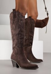 Ciemnobrązowe Kozaki Kowbojki na Stożkowym Obcasie Zdobione Cyrkoniami Nalera. Brązowe kozaki damskie Renee, z jeansu, bez obcasa, na obcasie. Za 179.99 zł.