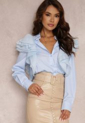 Niebieska Koszula Lupi. Niebieskie bluzki damskie Renee, m, bez wzorów, z tkaniny, eleganckie, bez kołnierzyka, bez ramiączek. Za 159.99 zł.
