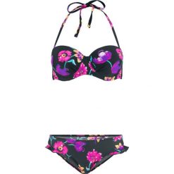 Bikini na fiszbinach (2 części) bonprix czarno-różowy. Czarne bikini damskie bonprix, z nadrukiem. Za 109.99 zł.