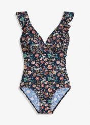 Kostium kąpielowy z falbankami, lekko modelujący. Niebieskie kostiumy jednoczęściowe damskie bonprix, bez wzorów, eleganckie. Za 127.99 zł.