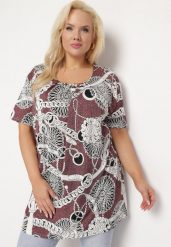 Ciemnoróżowa Elastyczna Bluzka z Krótkim Rękawem z Oryginalnym Nadrukiem i Klamrą Dordria. Czerwone bluzki damskie Born2be, m, bez wzorów, bez kołnierzyka, bez ramiączek. Za 34.99 zł.