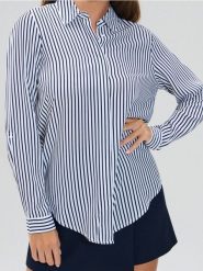 Wiskozowa koszula regular fit w pionowe paski - granatowy. Niebieskie koszule damskie Sinsay, l, bez wzorów, z wiskozy, bez kołnierzyka, bez ramiączek. Za 29.99 zł.