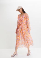 Sukienka szyfonowa z falbanami. Brązowe sukienki damskie bonprix, bez wzorów, z szyfonu, eleganckie, bez kołnierzyka, bez ramiączek. Za 179.99 zł.